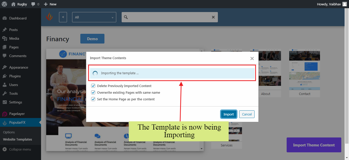 Website Templates Import Page Importing